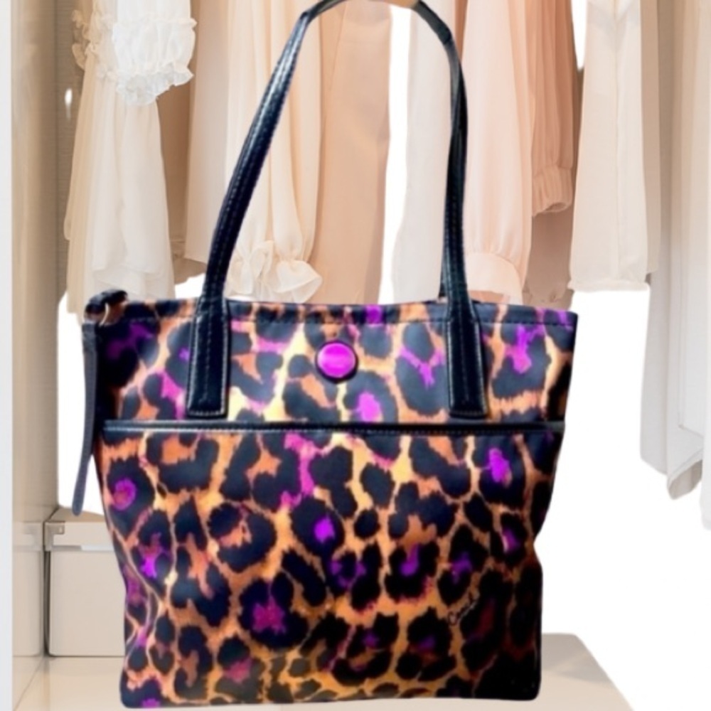 Coach Leopard Print Tote Bag - Black and Purple